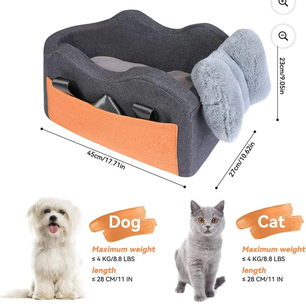 Gray & Orange Plush Dog Car Booster Seat - Secure Travel Bed - Picture 3 of 16